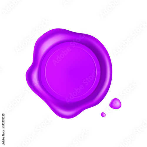 Purple wax seal. Wax seal stamp isolated on white background. Realistic guaranteed purple stamp. Realistic 3d vector illustration