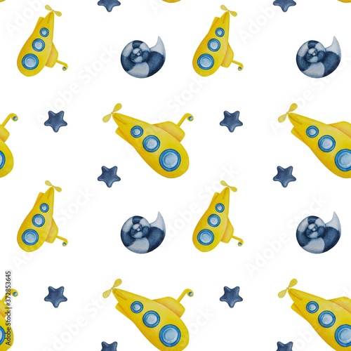 Seamless watercolor cute pattern with submarine, seashells and stars on white background