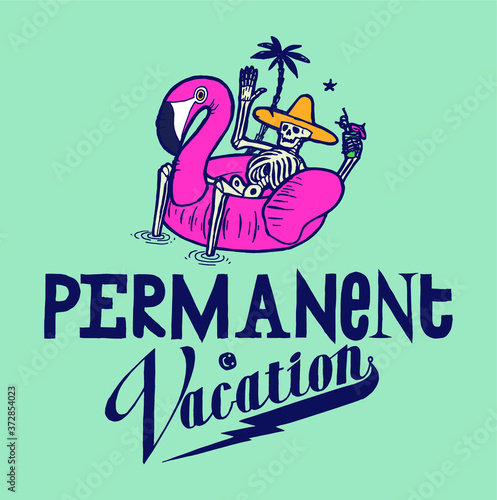 Beach skull. Skeleton in hat, holding cocktail with decorative umbrella, chilling on pink pool flamingo on permanent vacation. Concept of living rest of life on vacation. Resting too much t-shirt prin