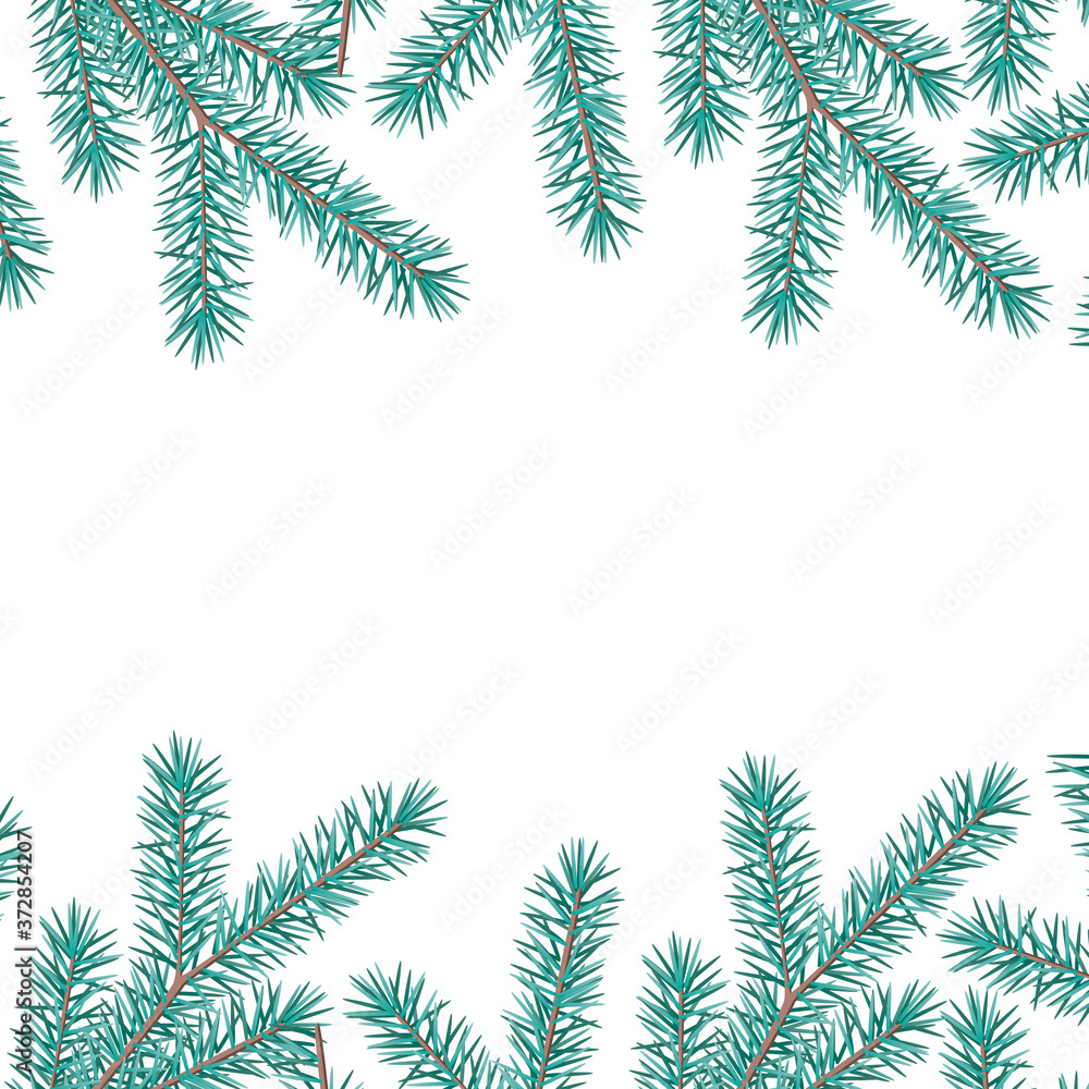 Christmas template with fir branch with green needles and place for text on white background, vector stock illustration with fir tree or evergreen tree