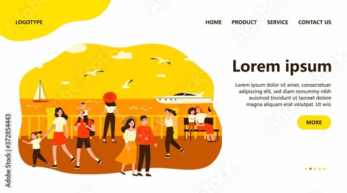 Happy people walking along sea on quay isolated flat vector illustration. Cartoon characters relaxing at seaside and watching boats. Summer activity and vacation concept