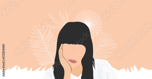 girl with long hair with background leaf aesthetic. illustrator thinker women. nude background. all shape isolated