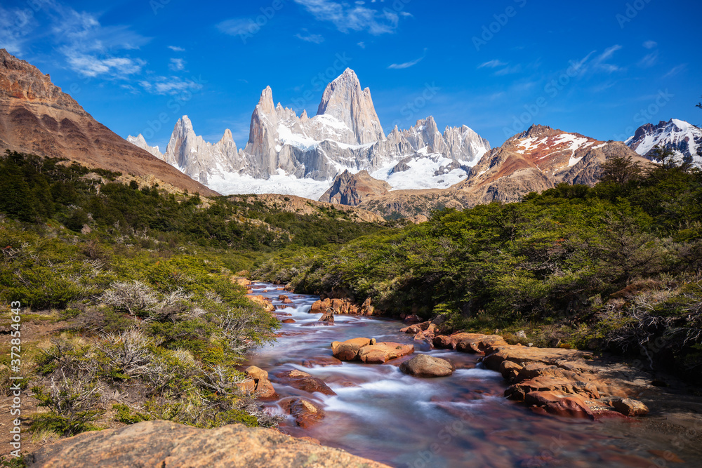  Beautiful view of Mount Fitz Roy and the glacial river, Patagonia, El Chalten - Argentina