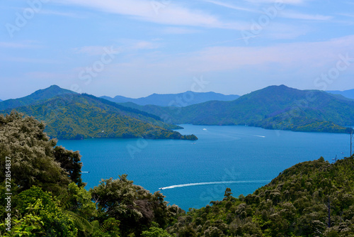 Panoramic view of the Marlborough Sounds from Queen Charlotte Drive