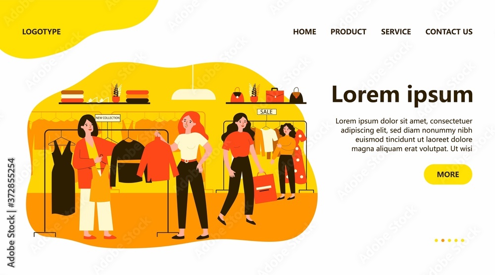 Girls at modern fashion store choosing clothes on hanger flat vector illustration. Shop customers buying dresses and garment. Product retail and marketing concept.