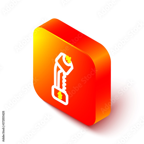Isometric line Police electric shocker icon isolated on white background. Shocker for protection. Taser is an electric weapon. Orange square button. Vector Illustration.