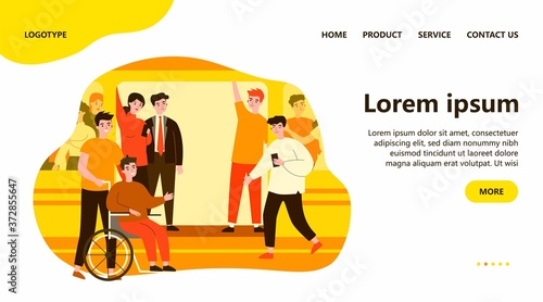 Handicapped guy and his helper travelling by subway train. Help, city transport, wheelchair flat vector illustration. Disabled people support concept for banner, website design or landing web page