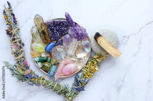Chakra gemstones crystals and nature magic things. Witchcraft Ritual, energy healing minerals. Witchcraft Ritual, energy healing minerals. flat lay photo