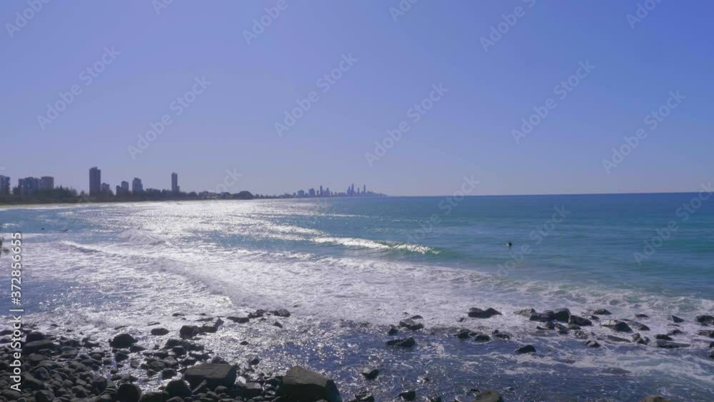 Touristic Beach At The Burleigh Heads - Coastal Suburb In Gold Coast City, Queensland, Australia - wide shot