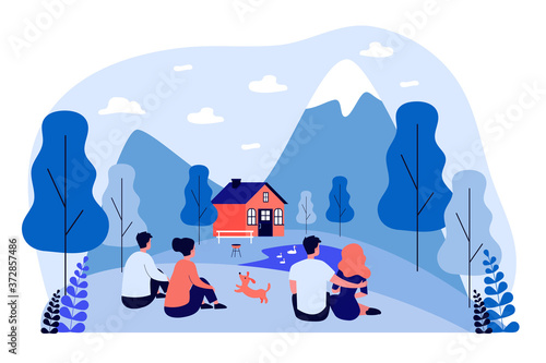 Dating couples admiring landscape in mountains. Back view of men and women sitting on ground outdoors flat vector illustration. Vacation, nature concept for banner, website design or landing web page