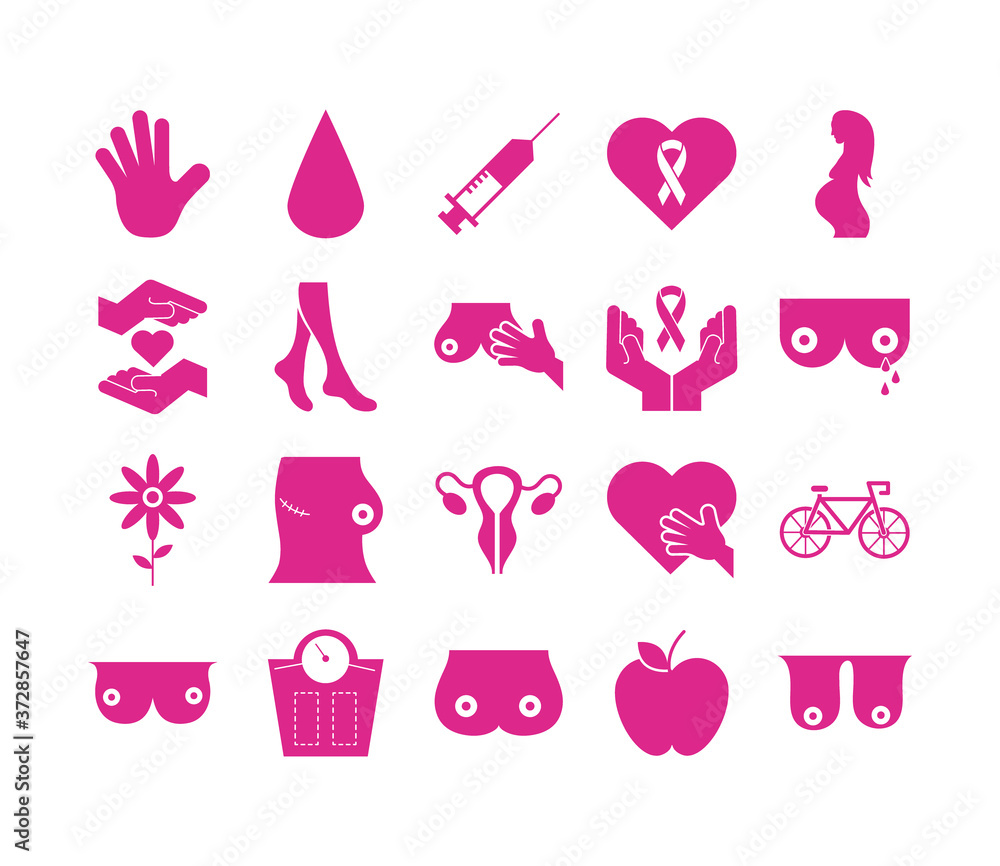 bundle of twenty breast cancer set collection icons
