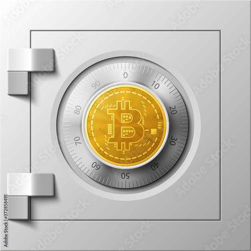 HUD Golden bitcoin armored box. Digital currency steel safe money. Technology bitcoin mining worldwide network. Web banner gold bitcoin combination lock bit coin. Cryptocurrency technology coins money