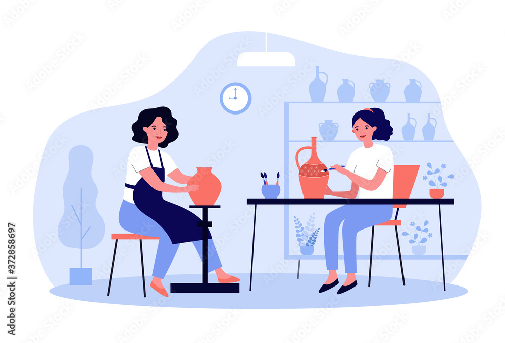 Artists working on pottery. Ceramists creating and decorating clay pots, vase, earthenware. For handcraft, creative hobby, ceramic works concept Artists working on pottery. Ceramists creating and decorating clay pots, vase, earthenware. For handcraft, creative hobby, ceramic works concept