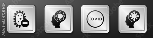 Set Negative virus, Human and virus, Corona virus covid-19 and Human and virus icon. Silver square button. Vector.