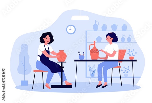 Artists working on pottery. Ceramists creating and decorating clay pots, vase, earthenware. For handcraft, creative hobby, ceramic works concept