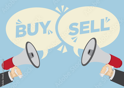 Different opinions of buy or sell. Business concept of disagreement, negotiation or miscommunication.