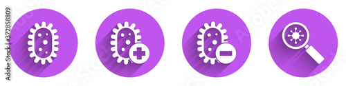 Set Virus, Positive virus, Negative virus and Virus under magnifying glass icon with long shadow. Vector.