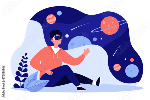Guy wearing VR headset exploring world and galaxy, watching planets in space. Student enjoying educational virtual reality experience. For education, innovation technology, VR game concept