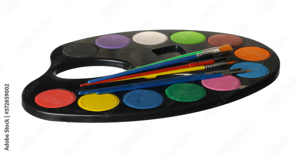 Paint palette with paintbrush set, painting utensils with watercolors isolated on white background, clipping path Paint palette with paintbrush set, painting utensils with watercolors isolated on white background, clipping path