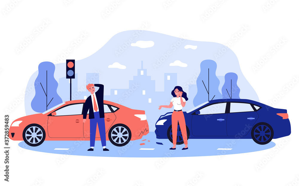 Car drivers in accident on city street. Frustrated people talking on phone near damaged vehicles on road. For car driving, emergency, road incident, motor insurance concept. - obrazy, fototapety, plakaty 
