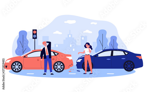 Car drivers in accident on city street. Frustrated people talking on phone near damaged vehicles on road. For car driving, emergency, road incident, motor insurance concept.