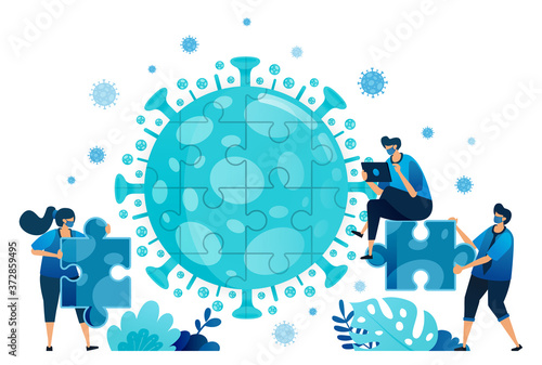 Vector illustration of teamwork and brainstorming to solve problems and find solutions during the covid-19 virus pandemic. Symbol of collaboration, virus, puzzle. Landing page, web, website, banner