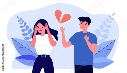 Heartbroken couple splitting up. Stressed upset man and crying woman separating flat vector illustration. Breakup, unhappy relationship concept for banner, website design or landing web page