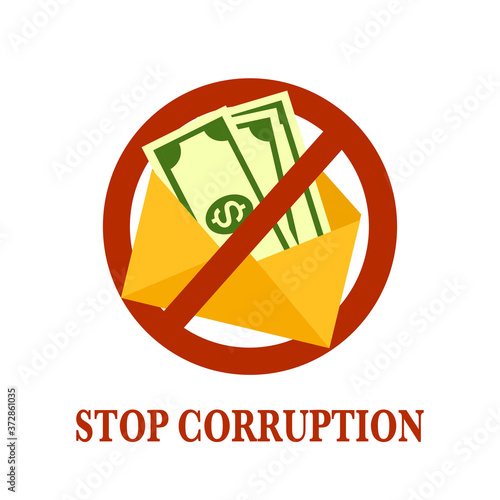 Stop corruption campaign vector illustration on white background. Bribery concept. Money in envelope.