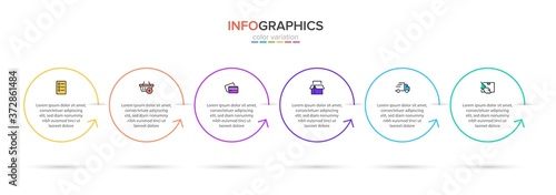 Concept of shopping process with 6 successive steps. Six colorful graphic elements. Timeline design for brochure, presentation, web site. Infographic design layout.