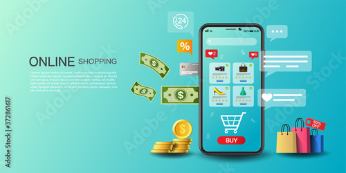 Online shopping on application and website concept, digital marketing online, shopping cart with new items on smartphone screen.