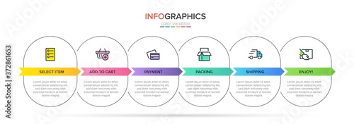 Concept of shopping process with 6 successive steps. Six colorful graphic elements. Timeline design for brochure, presentation, web site. Infographic design layout.