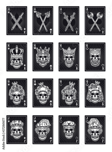 Playing poker cards with skulls set. Black kings, queens, jokers, ace of all suits. Vector illustrations collection for gambling, poker club, online game concept