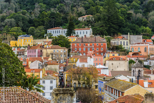 Aerial view of the historic part of Sintra, Portugal. Sintra is a municipality in the Grande Lisboa sub region, delightful Portuguese town that has an abundance of wonderful tourist attractions.