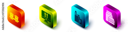 Set Isometric Coffee cup to go, Online ordering and delivery, Online ordering and delivery and Online ordering and burger delivery icon. Vector.