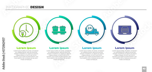 Set Round the clock delivery, Coffee cup to go, Fast delivery by car and Online ordering burger delivery. Business infographic template. Vector.