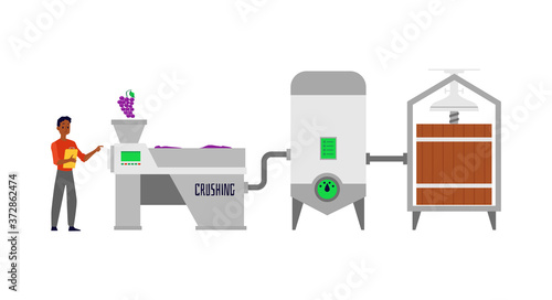 Wine conveyor facilities and barrels, flat cartoon vector Illustration isolated.