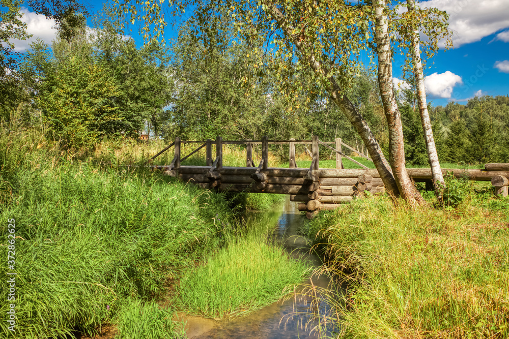 A wooden bridge over a forest stream against the blue sky on a Sunny summer day.