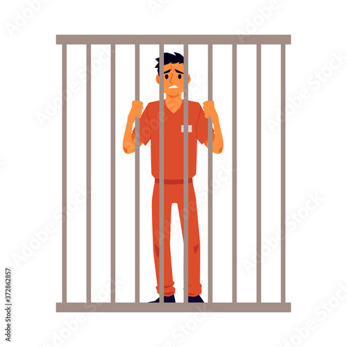Prison inmates men cartoon characters in jailhouse, flat vector illustration.