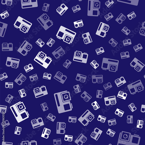 White Action extreme camera icon isolated seamless pattern on blue background. Video camera equipment for filming extreme sports. Vector Illustration.