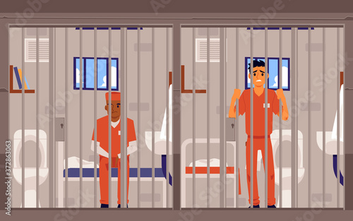 Prison inmates men cartoon characters in jailhouse, flat vector illustration.