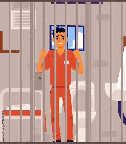 Sad criminal in prison cell looking through metal bars - cartoon man in jail