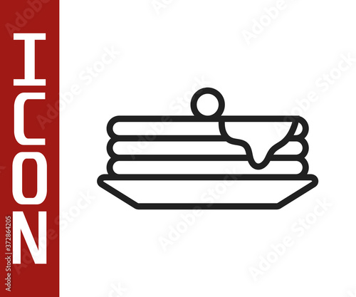 Black line Stack of pancakes icon isolated on white background. Baking with syrup and cherry. Breakfast concept. Vector Illustration.
