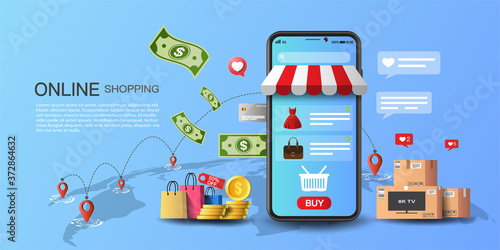 Online shopping on application and website concept, digital marketing and money online, shopping cart with new items on smartphone screen.