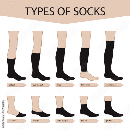 Types of socks. Set with various forms of socks. Garment. Vector illustration for design and web isolated on a white background.