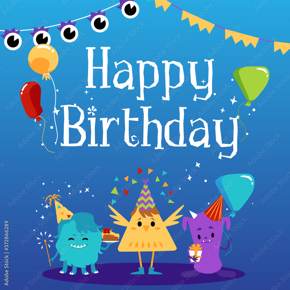 Fototapeta premium Happy Birthday greeting card with cute cartoon monsters holding gifts