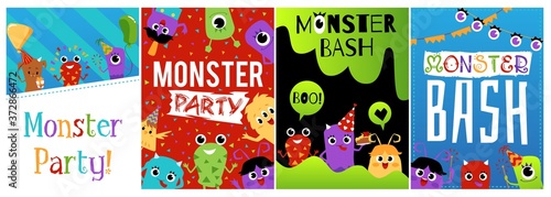 Monster bash party cards or banners set flat cartoon vector illustration.
