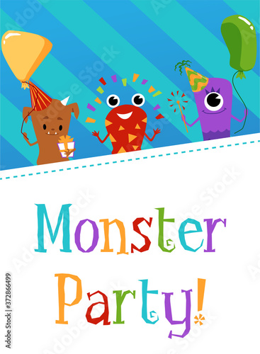 Monster party invitation card design flat cartoon vector illustration.