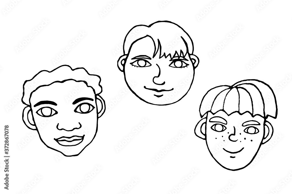 Set of Outline people faces . Hand drawn heads of a man, woman, kid, boy or girl in the style of a Doodle, isolated on a white background. Different and beautiful Set of Outline people faces . Hand drawn heads of a man, woman, kid, boy or girl in the style of a Doodle, isolated on a white background. Different and beautiful