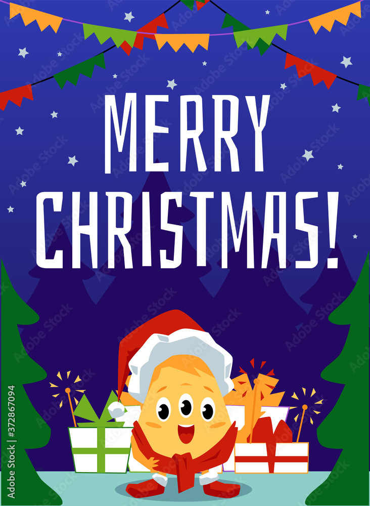 Fototapeta premium Merry Christmas inscription and monster on greeting card vector illustration.