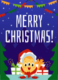 Merry Christmas inscription and monster on greeting card vector illustration.